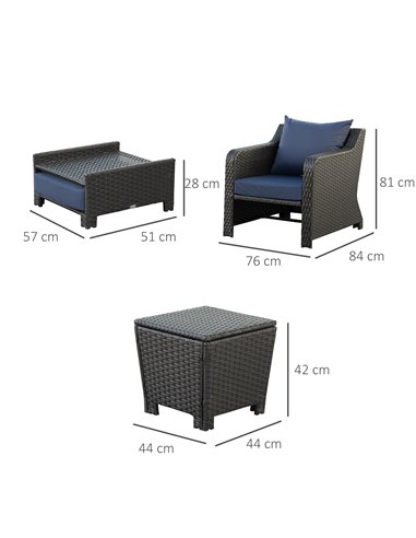 Outsunny 2 Seater Outdoor Rattan Garden Furniture Sofa Set w/ Storage Function Side Table & Ottoman, Deep Coffee