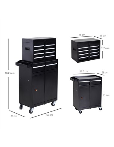 DURHAND Tool Chest 2 in 1 Metal Tool Cabinet Storage Box with 5 Drawers Pegboard Wheels 60x28x104.5cm Black