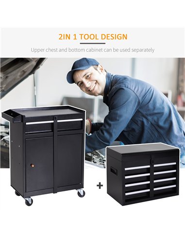 DURHAND Tool Chest 2 in 1 Metal Tool Cabinet Storage Box with 5 Drawers Pegboard Wheels 60x28x104.5cm Black