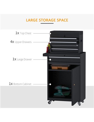 DURHAND Tool Chest 2 in 1 Metal Tool Cabinet Storage Box with 5 Drawers Pegboard Wheels 60x28x104.5cm Black