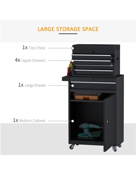 DURHAND Tool Chest 2 in 1 Metal Tool Cabinet Storage Box with 5 Drawers Pegboard Wheels 60x28x104.5cm Black - pic 134052 | FastDaddyshop