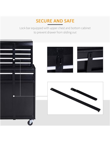 DURHAND Tool Chest 2 in 1 Metal Tool Cabinet Storage Box with 5 Drawers Pegboard Wheels 60x28x104.5cm Black