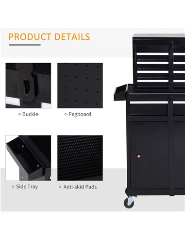 DURHAND Tool Chest 2 in 1 Metal Tool Cabinet Storage Box with 5 Drawers Pegboard Wheels 60x28x104.5cm Black