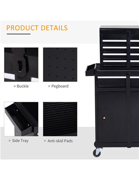 DURHAND Tool Chest 2 in 1 Metal Tool Cabinet Storage Box with 5 Drawers Pegboard Wheels 60x28x104.5cm Black - pic 134054 | FastDaddyshop