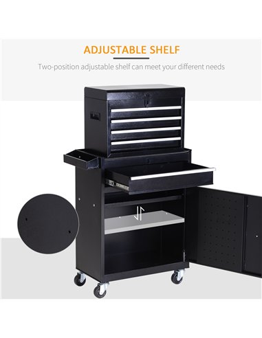 DURHAND Tool Chest 2 in 1 Metal Tool Cabinet Storage Box with 5 Drawers Pegboard Wheels 60x28x104.5cm Black