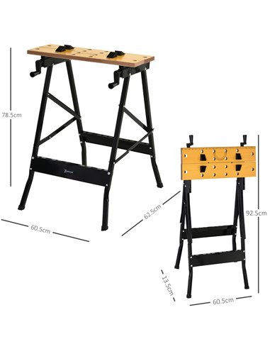 DURHAND 4-in-1 Work Bench, Saw Horse Folding Clamp Table w/ 4 Adjustable Clamping Pegs for DIY Home Garage, Black