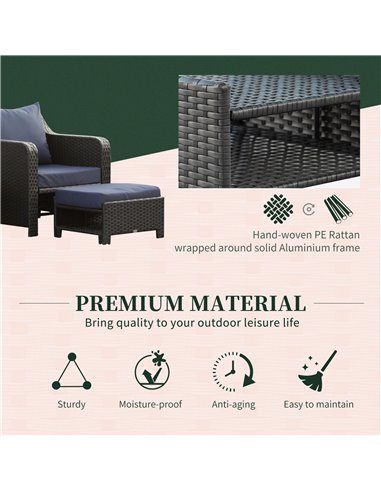 Outsunny 2 Seater Outdoor Rattan Garden Furniture Sofa Set w/ Storage Function Side Table & Ottoman, Deep Coffee