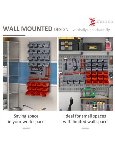 DURHAND 44 Piece Wall Mounted Tool Rack Organiser Storage Bins and Panel Set with Shelf Hook Screws Accessories Red