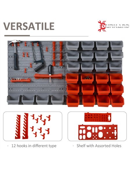 DURHAND 44 Piece Wall Mounted Tool Rack Organiser Storage Bins and Panel Set with Shelf Hook Screws Accessories Red - pic 134097 | FastDaddyshop
