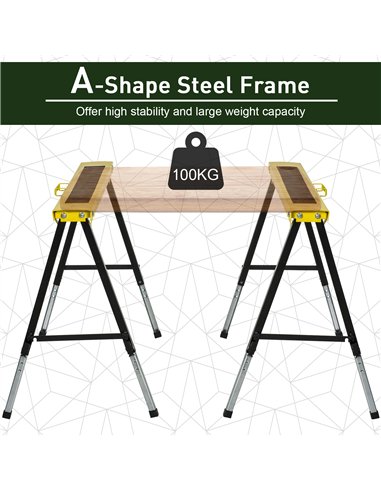 DURHAND 2PCS Saw Horse Twin Pack Folding Workbench Adjustable Metal Trestle Stands with Non-slip EVA Surface for Sawing Work Max