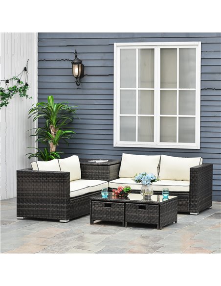 Outsunny 4-Seater Rattan Garden Furniture Patio Sofa Set Storage & Table Set w/ 2 Drawers Coffee Table & Corner Sofa, Brown - pic 13412 | FastDaddyshop