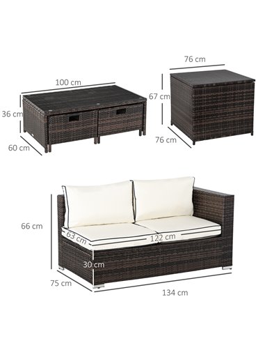 Outsunny 4-Seater Rattan Garden Furniture Patio Sofa Set Storage & Table Set w/ 2 Drawers Coffee Table & Corner Sofa, Brown
