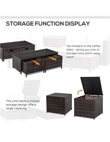 Outsunny 4-Seater Rattan Garden Furniture Patio Sofa Set Storage & Table Set w/ 2 Drawers Coffee Table & Corner Sofa, Brown