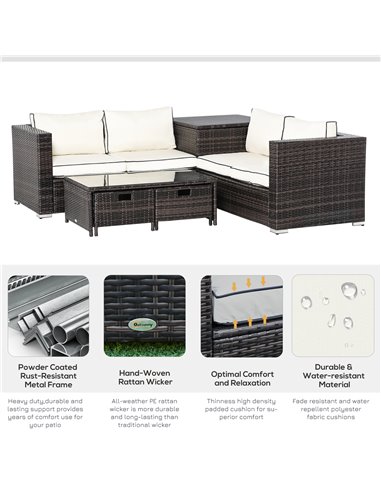 Outsunny 4-Seater Rattan Garden Furniture Patio Sofa Set Storage & Table Set w/ 2 Drawers Coffee Table & Corner Sofa, Brown