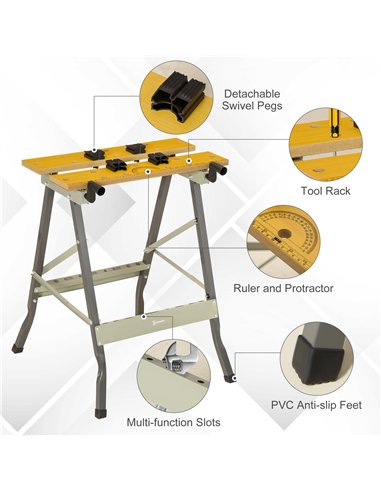 DURHAND 4-in-1 Work Bench, Saw Horse Folding Clamp Table w/ 4 Adjustable Clamping Pegs for DIY Home Garage, Grey
