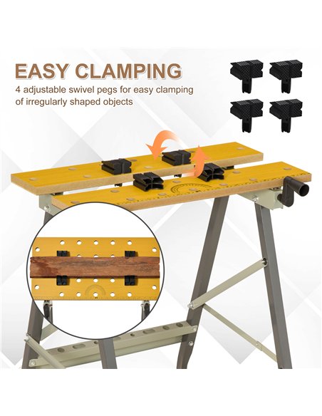 DURHAND 4-in-1 Work Bench, Saw Horse Folding Clamp Table w/ 4 Adjustable Clamping Pegs for DIY Home Garage, Grey - pic 134171 | FastDaddyshop