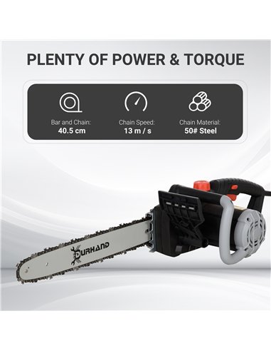 DURHAND 1600W Electric Chainsaw with Double Brake, Tool-Free Chain Tensioning and 40cm Guide Bar and Chain, Power Saw to Cut Woo