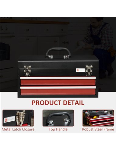 DURHAND 2 Drawer Tool Chest, Lockable Metal Tool Box with Ball Bearing Runners, Portable Toolbox, 460mm x 240mm x 220mm, Black