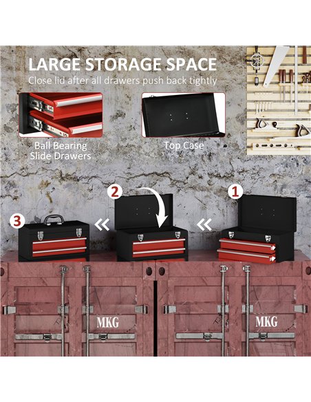 DURHAND 2 Drawer Tool Chest, Lockable Metal Tool Box with Ball Bearing Runners, Portable Toolbox, 460mm x 240mm x 220mm, Black - pic 134187 | FastDaddyshop