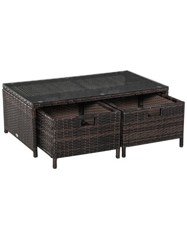 Outsunny 4-Seater Rattan Garden Furniture Patio Sofa Set Storage & Table Set w/ 2 Drawers Coffee Table & Corner Sofa, Brown