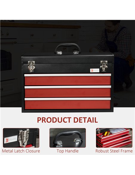 DURHAND 3 Drawer Tool Chest, Lockable Metal Tool Box with Ball Bearing Runners, Portable Toolbox, 510mm x 220mm x 320mm, Black - pic 134195 | FastDaddyshop