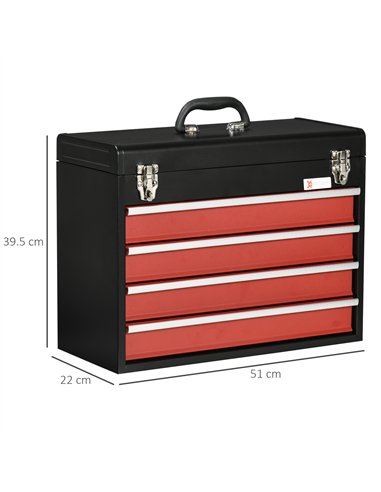 DURHAND 4 Drawer Tool Chest, Lockable Metal Tool Box with Ball Bearing Runners, Portable Toolbox, 510mm x 220mm x 395mm, Black