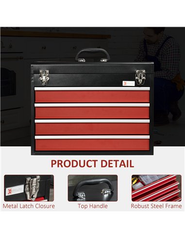 DURHAND 4 Drawer Tool Chest, Lockable Metal Tool Box with Ball Bearing Runners, Portable Toolbox, 510mm x 220mm x 395mm, Black