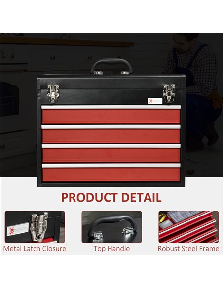 DURHAND 4 Drawer Tool Chest, Lockable Metal Tool Box with Ball Bearing Runners, Portable Toolbox, 510mm x 220mm x 395mm, Black - pic 134204 | FastDaddyshop