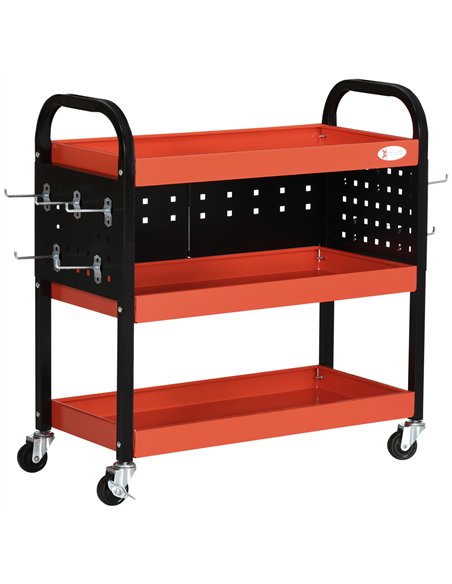 DURHAND 3 Tier Shelf Tool Cart Storage Trolley Wheel Cart for Garage Workshop Warehouse DIY Tool with 10 Hooks 100 kg Red - pic 134210 | FastDaddyshop
