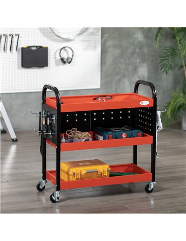 DURHAND 3 Tier Shelf Tool Cart Storage Trolley Wheel Cart for Garage Workshop Warehouse DIY Tool with 10 Hooks 100 kg Red