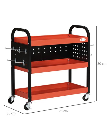DURHAND 3 Tier Shelf Tool Cart Storage Trolley Wheel Cart for Garage Workshop Warehouse DIY Tool with 10 Hooks 100 kg Red - pic 134212 | FastDaddyshop