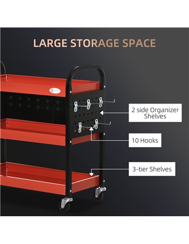 DURHAND 3 Tier Shelf Tool Cart Storage Trolley Wheel Cart for Garage Workshop Warehouse DIY Tool with 10 Hooks 100 kg Red