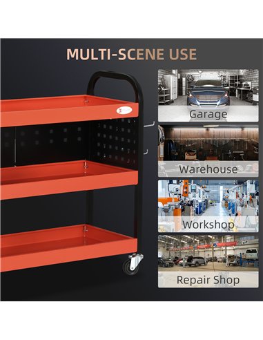 DURHAND 3 Tier Shelf Tool Cart Storage Trolley Wheel Cart for Garage Workshop Warehouse DIY Tool with 10 Hooks 100 kg Red