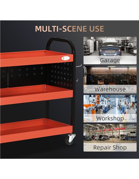 DURHAND 3 Tier Shelf Tool Cart Storage Trolley Wheel Cart for Garage Workshop Warehouse DIY Tool with 10 Hooks 100 kg Red - pic 134215 | FastDaddyshop