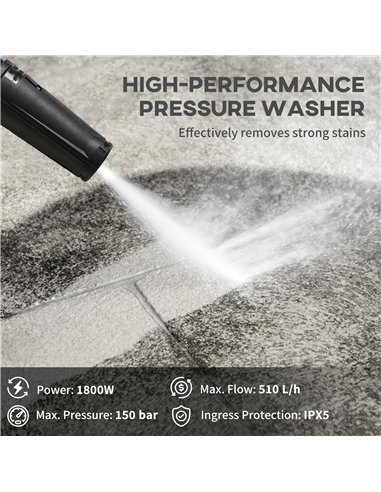DURHAND 1800W High Pressure Washer, 150 Bar Pressure, 510 L/h Flow, High-Performance Portable Power Washer Jet Wash Cleaner with