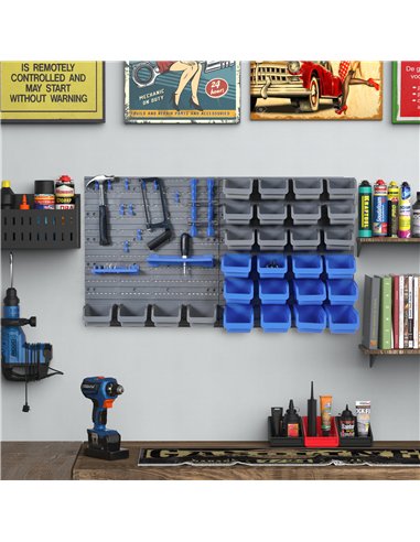 DURHAND 44 Piece Wall Mounted Tool Rack Organiser Storage Bins and Panel Set with Shelf Hook Screws Accessories Blue