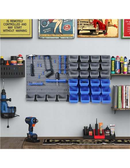 DURHAND 44 Piece Wall Mounted Tool Rack Organiser Storage Bins and Panel Set with Shelf Hook Screws Accessories Blue - pic 134238 | FastDaddyshop