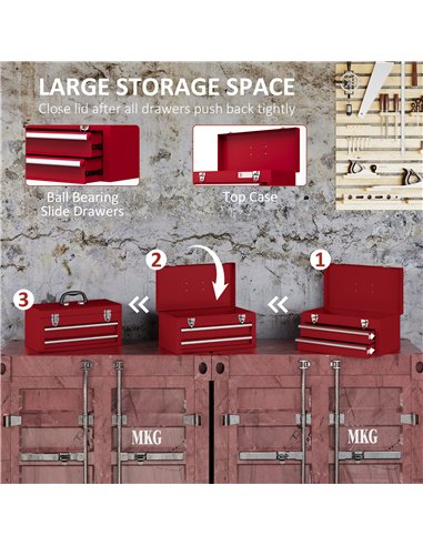 DURHAND Lockable Metal Tool Box, 2 Drawer Tool Chest with Latches, Handle, Ball Bearing Runners, Red