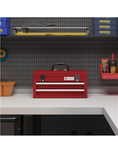 DURHAND Lockable Metal Tool Box, 2 Drawer Tool Chest with Latches, Handle, Ball Bearing Runners, Red