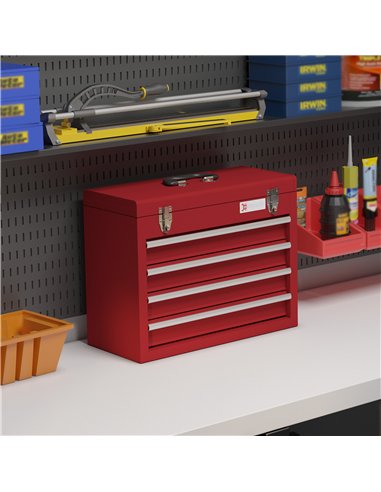 DURHAND Lockable Metal Tool Box, 4 Drawer Tool Chest with Latches, Handle, Ball Bearing Runners, Red