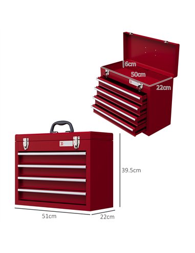 DURHAND Lockable Metal Tool Box, 4 Drawer Tool Chest with Latches, Handle, Ball Bearing Runners, Red