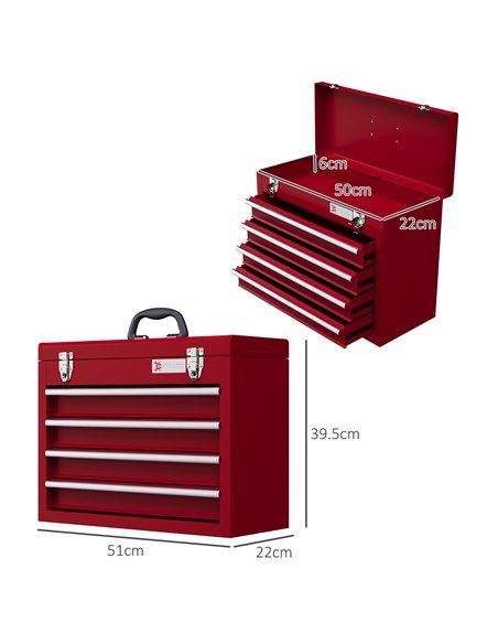 DURHAND Lockable Metal Tool Box, 4 Drawer Tool Chest with Latches, Handle, Ball Bearing Runners, Red - pic 134257 | FastDaddyshop