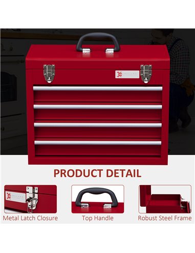 DURHAND Lockable Metal Tool Box, 4 Drawer Tool Chest with Latches, Handle, Ball Bearing Runners, Red