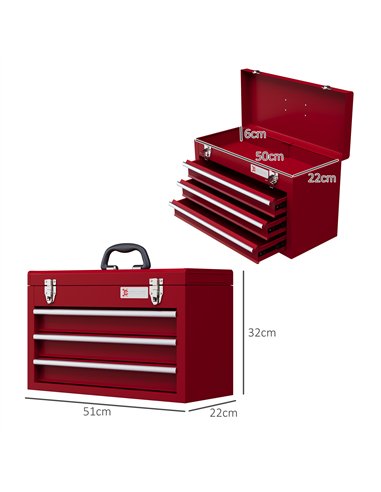 DURHAND Lockable Metal Tool Box, 3 Drawer Tool Chest with Latches, Handle, Ball Bearing Runners, Red