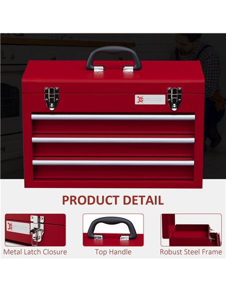 DURHAND Lockable Metal Tool Box, 3 Drawer Tool Chest with Latches, Handle, Ball Bearing Runners, Red - pic 134267 | FastDaddyshop