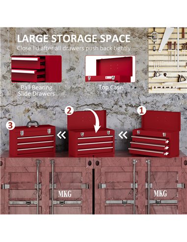DURHAND Lockable Metal Tool Box, 3 Drawer Tool Chest with Latches, Handle, Ball Bearing Runners, Red