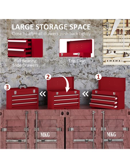 DURHAND Lockable Metal Tool Box, 3 Drawer Tool Chest with Latches, Handle, Ball Bearing Runners, Red - pic 134268 | FastDaddyshop