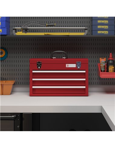 DURHAND Lockable Metal Tool Box, 3 Drawer Tool Chest with Latches, Handle, Ball Bearing Runners, Red