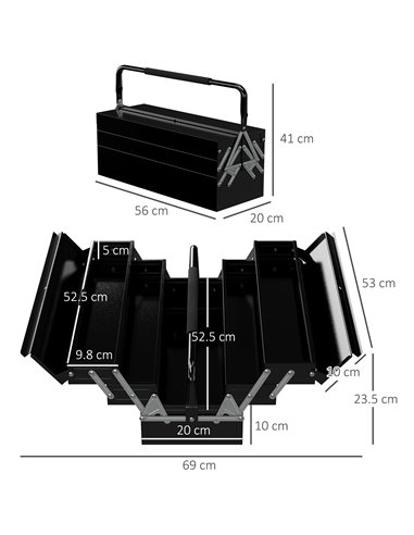 DURHAND 3 Tier Metal Toolbox, 5 Tray Professional Portable Tool Box with Carry Handle for Workshop, 56cmx20cmx34cm, Black
