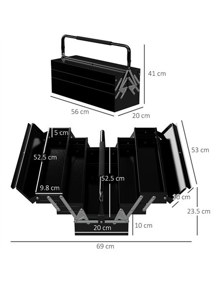 DURHAND 3 Tier Metal Toolbox, 5 Tray Professional Portable Tool Box with Carry Handle for Workshop, 56cmx20cmx34cm, Black - pic 134275 | FastDaddyshop